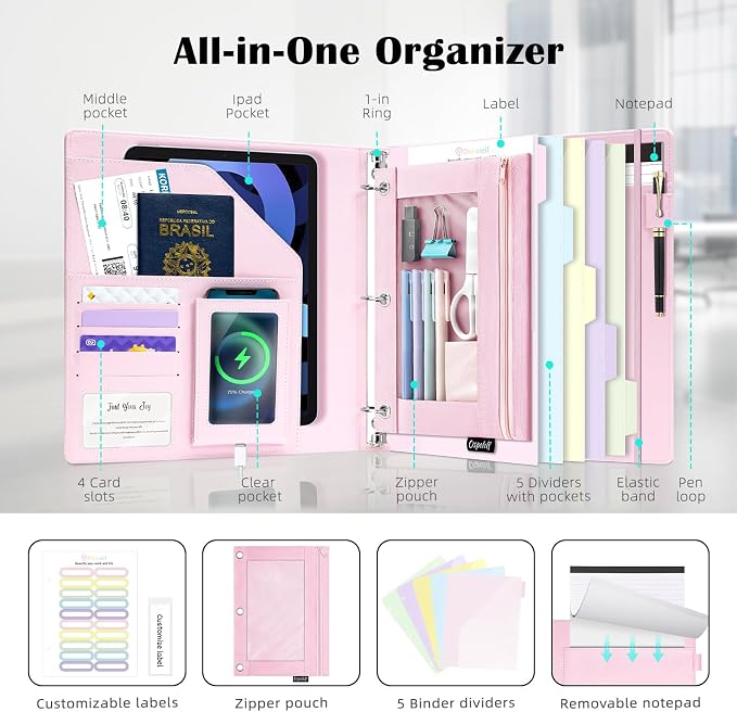 Ospelelf Pink Leather Binder with Magnetic Clipboard, 1 Inch Binders 3 Ring with Storage Zipper Pouch, Pocketed Dividers, Professional Clipboard Folder for School Office Nursing