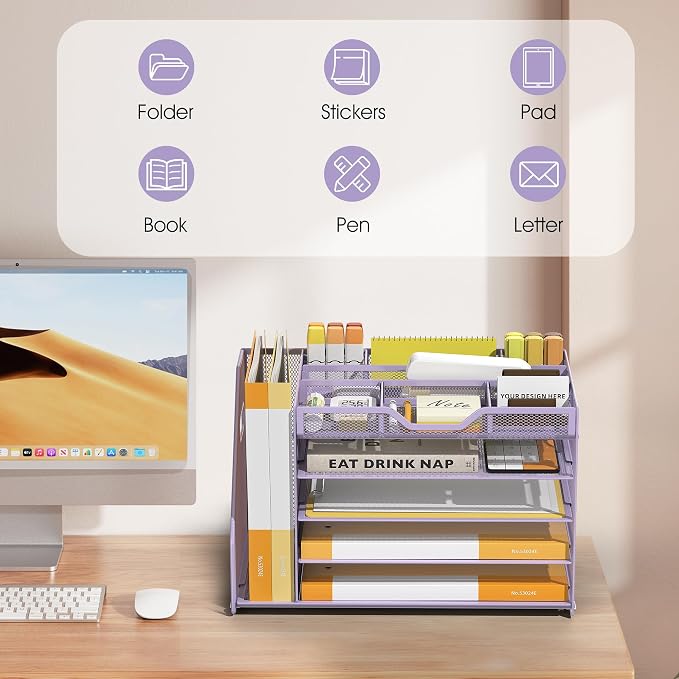 5 Tier Paper Letter Tray Desk Organizer with Pen Holders - Purple | Features 3 pen holders and 4 removable dividers.Versatile mesh desktop storage for mail, document,office supplie