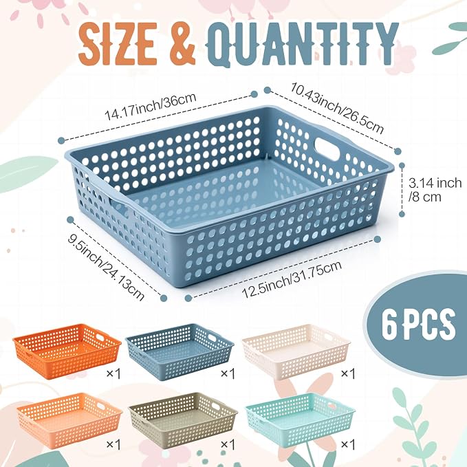 Geetery 6 Pack Classroom Storage Baskets with Handle,Boho Color | 14''x10'' Paper Tray Holds A4 Turn in Trays Plastic Paper Baskets Desk Organizer Bin for Classroom, Library, Office, Home
