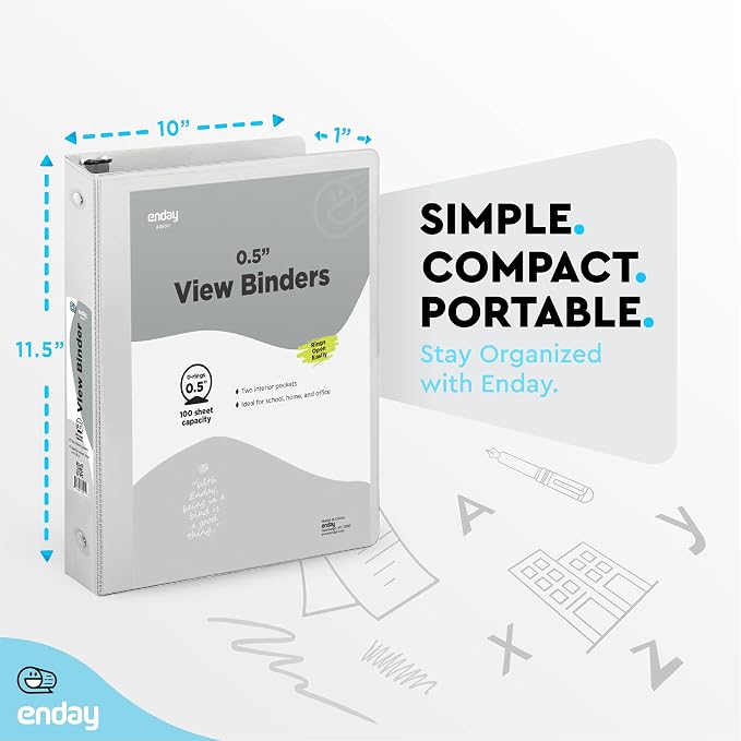 Enday 1/2 inch Binder 3 Ring Binder (6 Pack - Grey) O-Ring Binder with Clear View Cover and 2 Inside Pocket - for Letter Size 8.5 x 11'' Paper, Ideal for School Supplies, Office, and Home