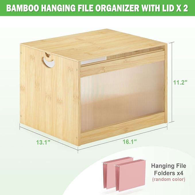 Bamboo Hanging File Box Organizer with Lid, File Folder, Nature, 2 Pack