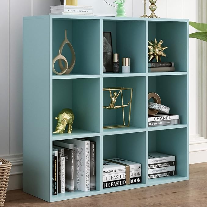 9-Cube Storage Shelf Bookcase, Light Blue | Wooden 3-Tier Open Bookshelf, Fits 11×11" Bins, Vertical or Horizontal Use, Full Back Panels, For Home Office