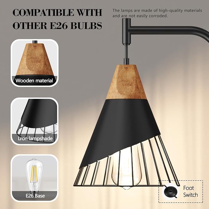 67" Industrial Floor Lamp with Wood & Black Metal Shade, Modern Standing Lamp, Rustic Farmhouse Tall Lamp for Living Room Bedroom Office, 2700K Bulb & Foot Switch Included (Black)