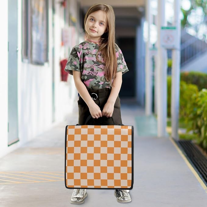Custom 3 Ring Zipper Binder Orange Checkerboard Personalized Name 1.5 inch Binders Large Capacity Multi Pockets for School Office Supplies
