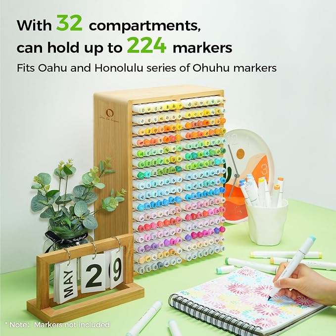 Ohuhu Bamboo Marker Organizer Hold 224 Markers for Honolulu Oahu Series | Markers Pens Pencils Stationary Organizer Holder Desktop Storage with 32 Compartments for Classroom Office Decor Home