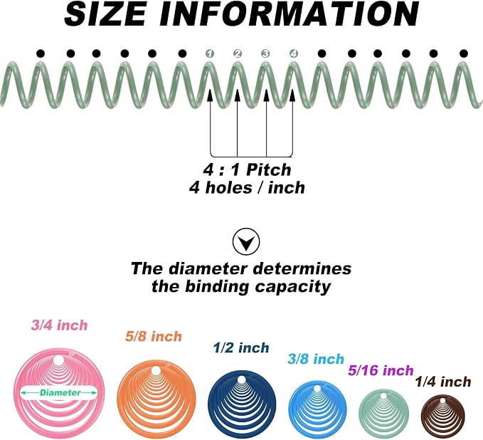 Leinuosen 120 Pack Binder Coils,1/4 5/16 3/8 1/2 5/8 3/4 Inch,Pastel Color | Plastic Spiral Binding Coils for Documents, Reports, Notebooks, Compatible with Standard Binding Machines, Office Supplies