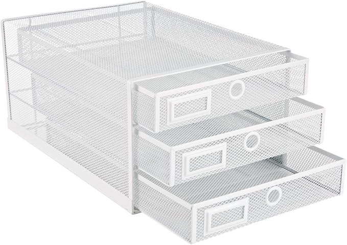 Annova Desk Organizer Wire Mesh 3 Tier Sliding Drawers Paper Sorter/Multifunctional/Premium Solid Construction for Letters, Documents, Mail, Files, Paper, Kids' Art Supplies (White)