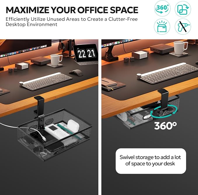 Under Desk Organizer, Clamp On 360 Swivel Mesh Drawer, No Drill, Black | Pulchrum hidden storage basket with cable holes, 10 lb capacity attachment for standing or gaming setups, home office tidy