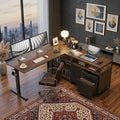 BANTI 66 Inches L Shaped Standing Desk with Drawers & Shelves, Executive Desk Adjustable Height Desk, Desk with Storage, Black Walnut Top/Black Frame
