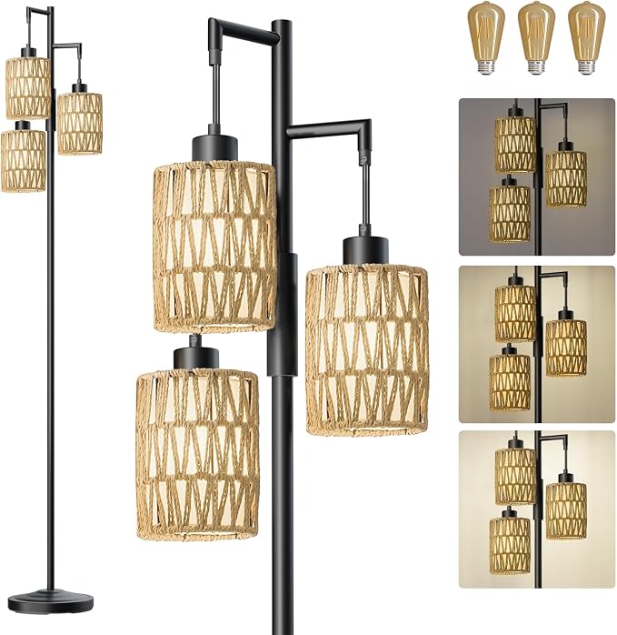 70" Floor Lamps for Living Room, Stepless Dimmable Boho Floor Lamp with 3 Bulbs, Tall Farmhouse Industrial Corner Standing Tree Lamp for Bedroom, Office, Study Room, Rattan with Linen Shade