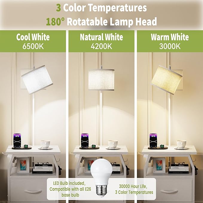 runjuly Floor Lamp with Table, End Tables with Lamps Attached 3-Color Temperature Bulb, Side Table with Lamp with 2 Drawers & Charging, Lamps Tables Combo for Bedroom, Dorm, Apartment - White