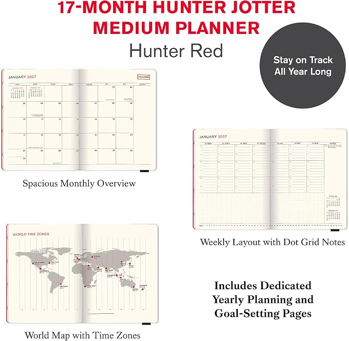 Orange Circle Studio 2027 Hunter Red Hunter Jotter Medium Planner, 17-Month Weekly & Monthly Calendar Planner, 6.5" x 8.6", Dot Grid Notes, Time Zone Map, Goal Pages, Work Daily Planner Notebook
