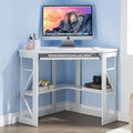 VECELO Corner Desk Computer Desk Writing Table with Smooth Keyboard Tray & Storage Shelves,Compact Home Office Triangle Table,White