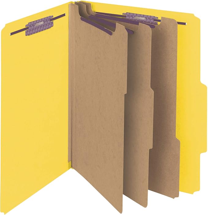 Smead Pressboard Classification File Folder with SafeSHIELD® Fasteners, 3 Dividers, 3" Expansion, Letter Size, Yellow, 10 per Box (14098) (Pack of 1)