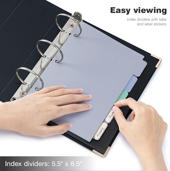 Ospelelf Mini 3 Ring Binder 2 Inch With 5 Tab Dividers, File Folder Labels and Low Profile Clipboards - Cute Black for 5.5" x 8.5" School and Office Supplies