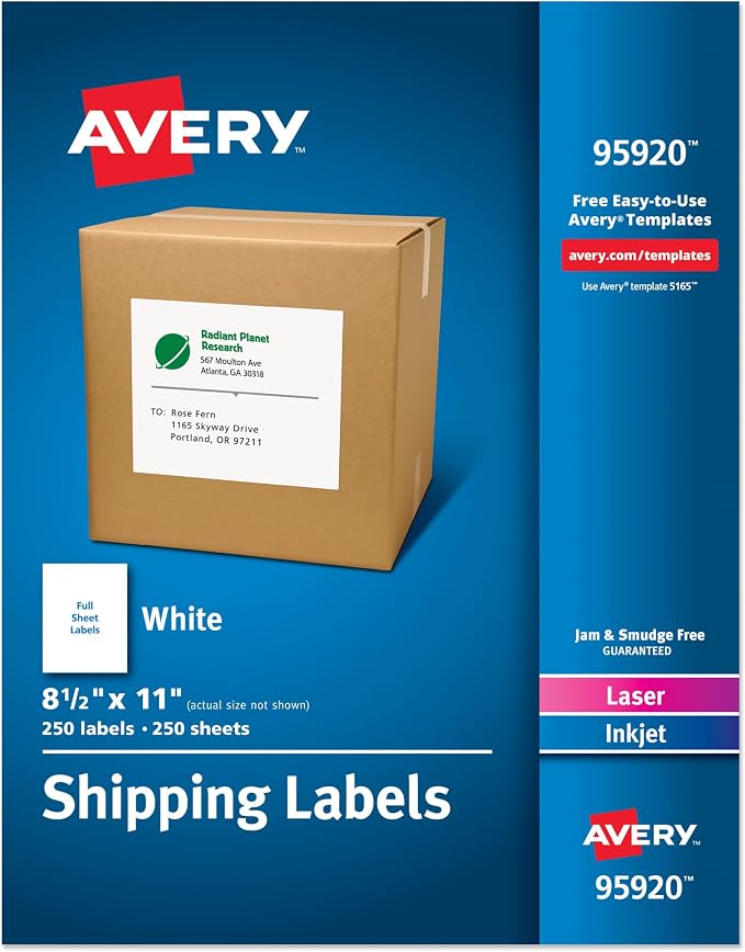 Avery® Full Sheet Printable Shipping Labels, 8.5" x 11", White, 250 Blank Mailing Labels, Great for Packages, Product Merchandising, Organization, and More (95920)
