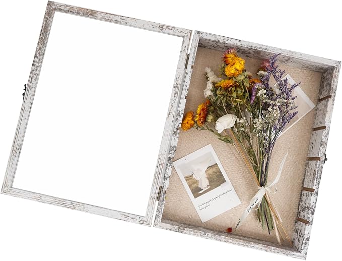 Shadow Box with Shelves, White 12x16 Wooden Display Cases with Shelves for Miniatures Keepsake Collectibles, Coins Military Medals Pins Wedding Flowers