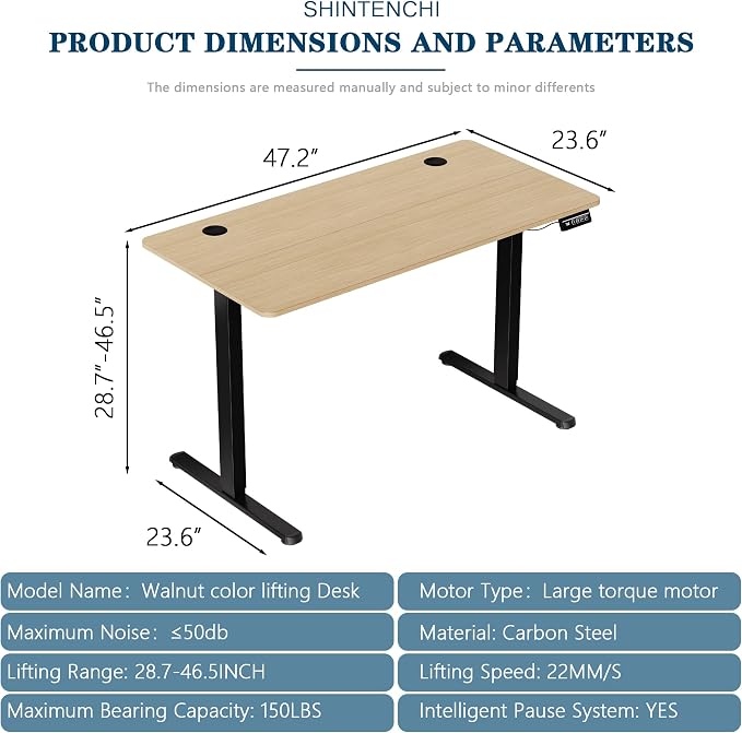 Shintenchi Standing Desk, Height Adjustable Electric Sit Stand up Desk, Ergonomic Rising Computer Table, 48x24 Inch Modern Lift Gaming Desk Workstation for Home Office, Black & Walnut