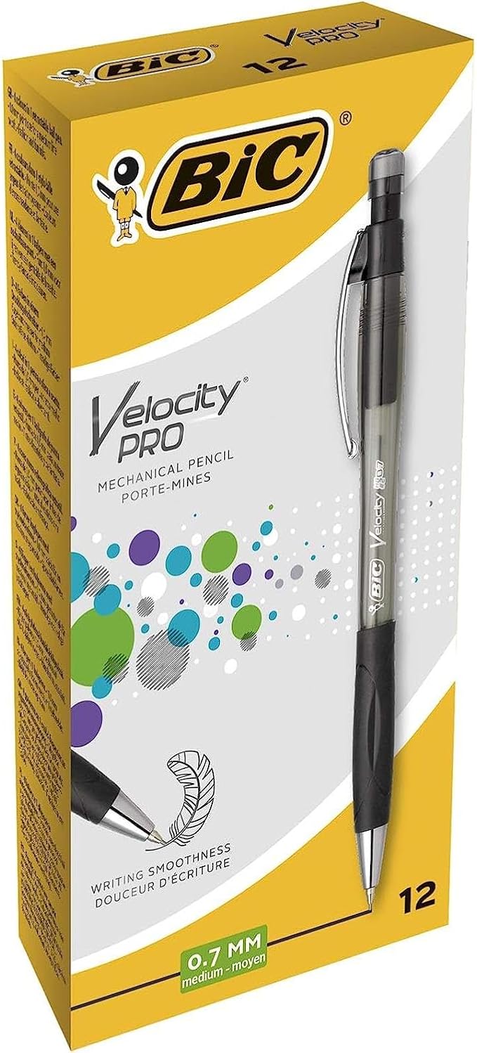 BIC Velocity Pro Refillable Mechanical Pencils - Black - Box of 12 (3 HB) Lead Pencils 0.7 mm with Eraser
