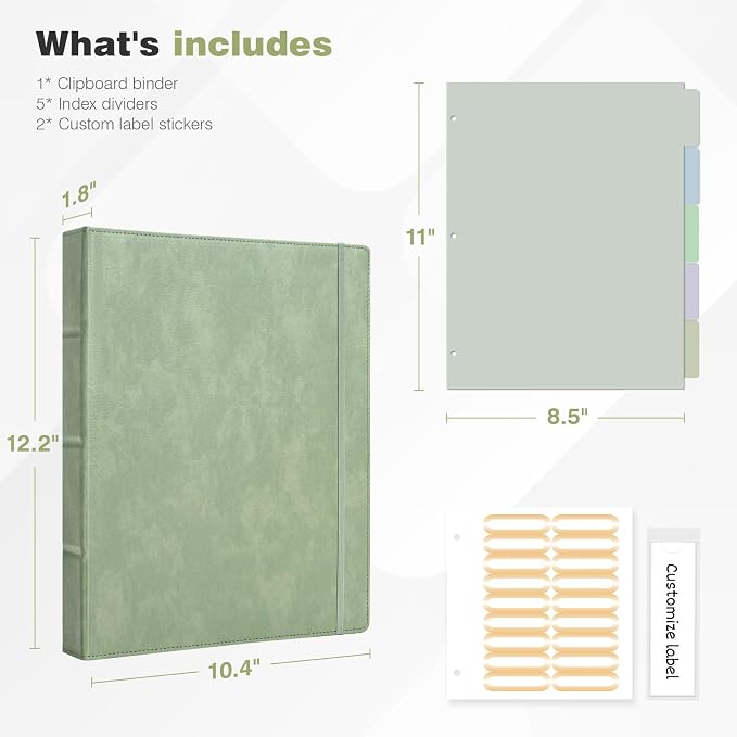 Ospelelf Vintage Hardcover 3 Ring 1 inch Leather Binder, Professional Binder Organizer Suitable for Letter Size, Binder Dividers with Tabs, Light Green