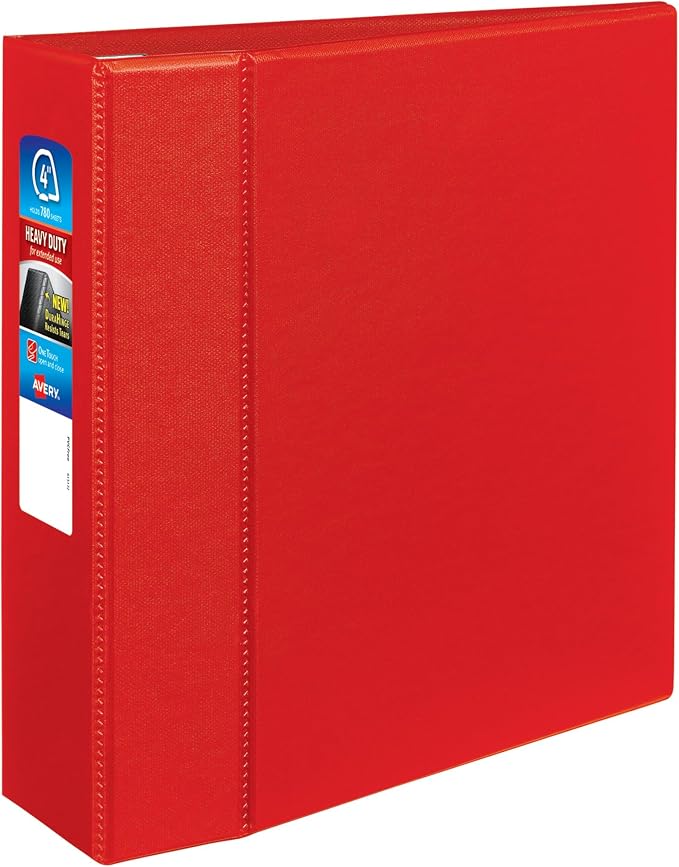 Avery Heavy-Duty 3 Ring Binder, 4" EZD Rings, 1 Red Binder | For Heavy School, Home and Office Use, Reinforced Construction, DuraHinge Tear-Resistant Spine, Interior Storage Pockets