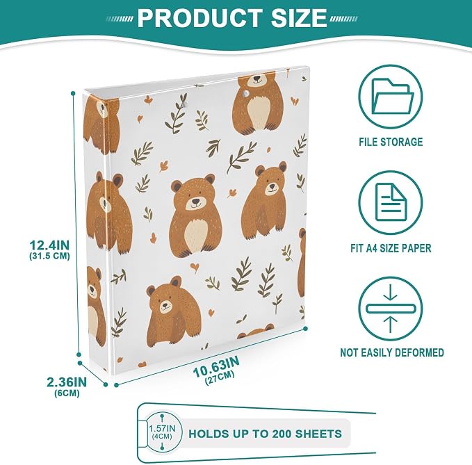3 Ring Binder Bear Leaf B 1.5 inch Binders Three Ring Binders with Clipboard Fit 8.5'' x 11'' Paper 3 Interior PVC Clear Pockets for Office Supplies