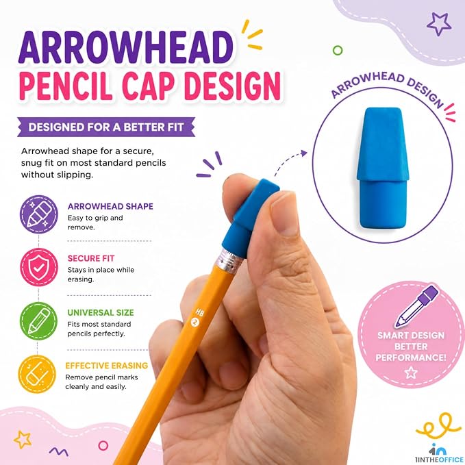 1InTheOffice Pencil Cap Erasers, Assorted Colors, Arrowhead Caps Tops Eraser, Eraser Cap for Art, School, Office Use, and Classroom Set, 12 Pack (Assorted Colors, 12 Pack)