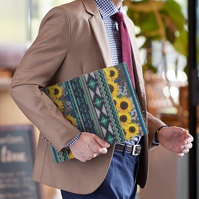 Dreaweet Sunflower Aztec Print Padfolio for Women Green Leather Portfolio Binder,Interview Legal Document Organizer with Pen Slots Business Card Holder Letter Sized Writing Pad