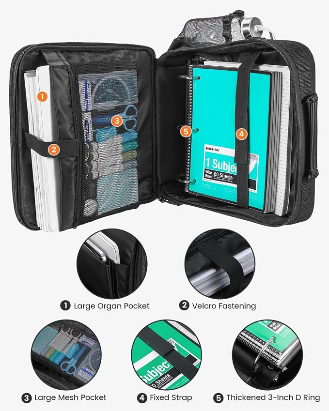 Zipper Binder 3 Inch D-Ring 3 Ring with Water Bottle Holder | Binder with Strap for School/Office, 700 Sheet Capacity-Multiple Pockets, Fit for 13" Tablet/Laptop, Black