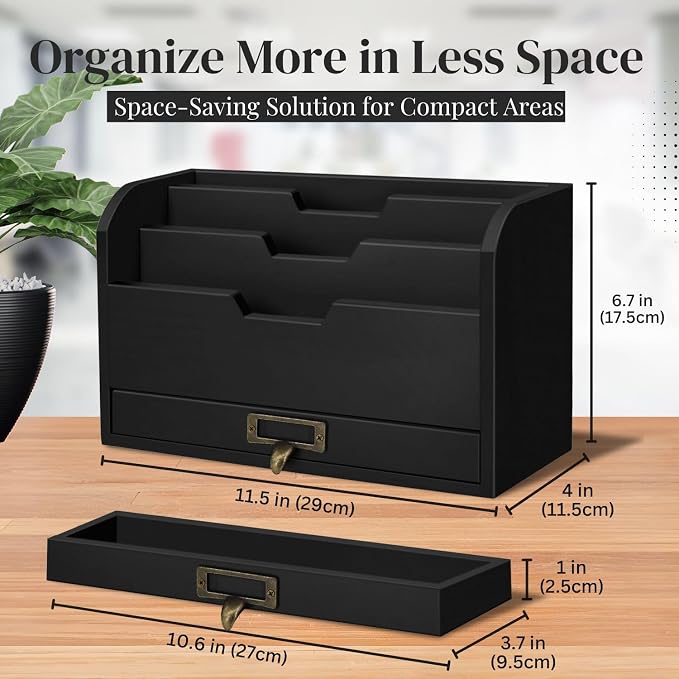 Flexzion Wood Desk Organizer, 3-Tier Mail Organizer w/Drawer, Light Brown | Countertop Bill and File Organizer with 3 Compartments, a Drawer, and 12-Inch Inner Width for A5 Paper and Us Letter Folders