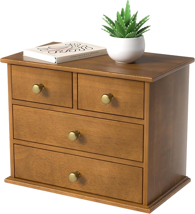 Oak Desk Organizer with Drawers, Durable Wooden Desktop Storage Box | 4 Drawer Tabletop Organizer with Metal Handles & Non-Slip Pads for Office, Bedroom, Bathroom, Vanity & Makeup Storage, Walnut