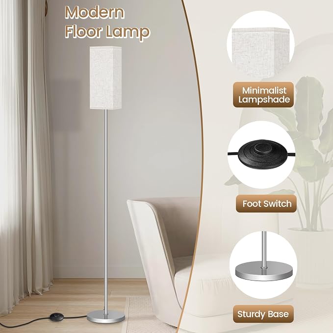 64.6'' Floor Lamp, Pole with Foot Switch, Modern Standing Lamp Lamp, Minimalist Freestanding Lamp (Bulb Not Included), for Living Room, Bedroom Office ETL Listed, Silver and Beige, SE07LD05