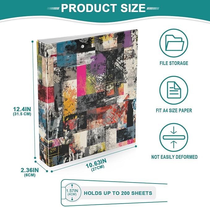 Vibrant Abstract Grunge Pattern Binder 3 Ring 1.5 Inch Binder with Clipboard&Pockets, Hardcover Binders Heavy Duty Large File Folder for Office School Supplies - Holds 200 Sheets,2 PC