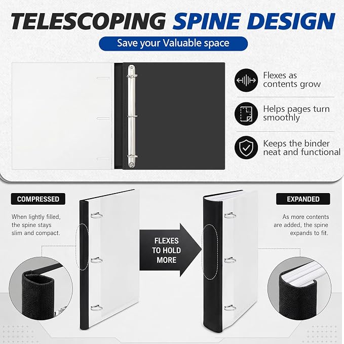 Henoyso 6 Pack 1 Inch D Ring Telescoping 3 Ring Binder Bulk, Binders with Clear Front Pocket and Telescoping Spine, 8.5" x 11" Paper Organizer, Home Office Organization Supplies(White)