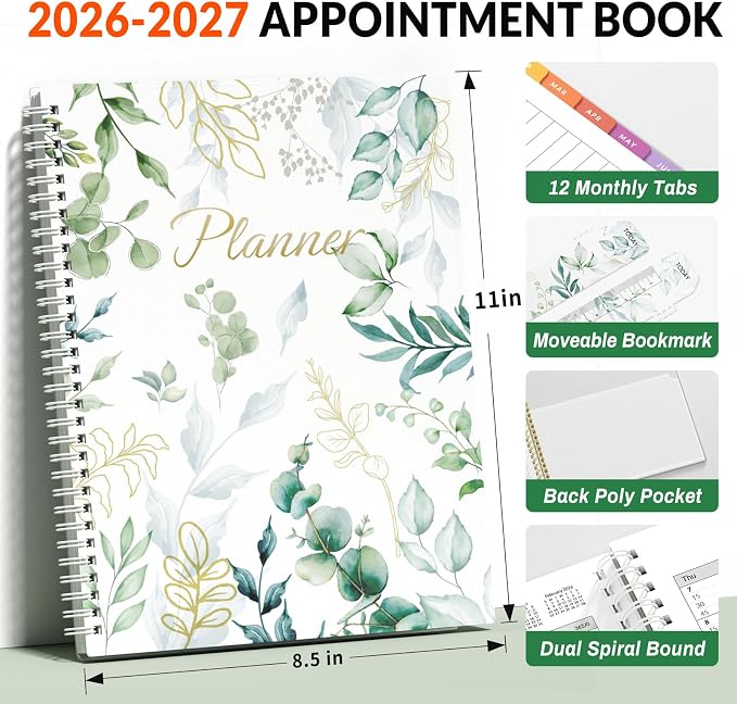 SUNEE 2026-2027 Appointment Book, Quarter-Hourly, Weekly & Monthly - from July 2026 to June 2027, 8.5"x11" Academic Planner, Flexible Cover, Note Pages, Bookmark, Spiral Binding, Greenery