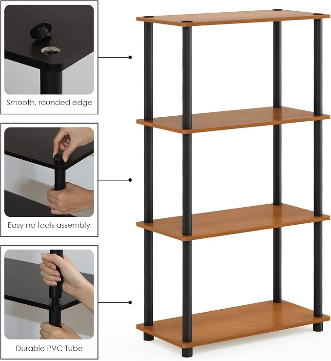 Furinno Turn-N-Tube Toolless 4-Tier Storage Shelves, Light Cherry | Wide Open Frame Book Shelf, Corner Shelf, for Organization, Living Room, Garage, Home Office