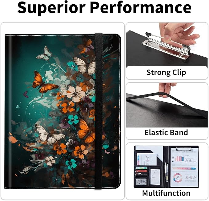 Padfolio/Portfolio Folder Clipboard,Padfolio Clipboard,Writing Portfolio Leather with Cover for Card Holder Slot Letter Size A4 for Office Conference Notepad Clip Boards,Flowers Dancing Butterflies