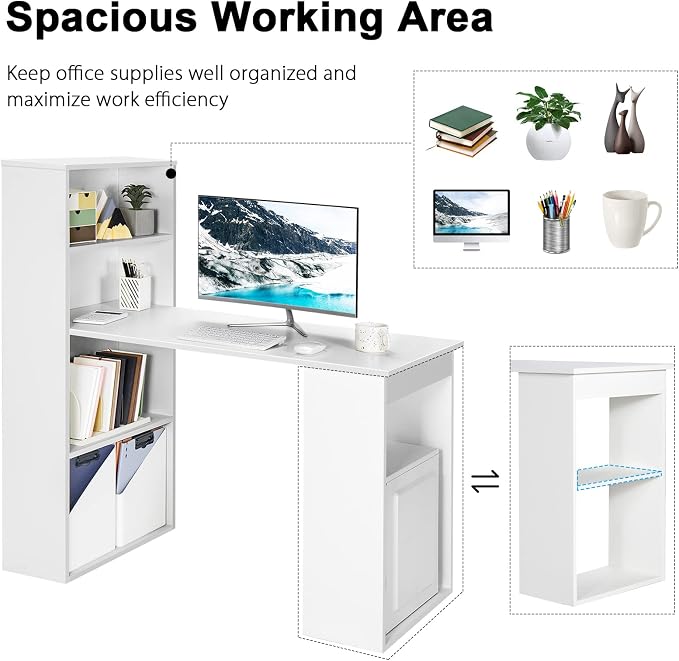 Tangkula White Computer Desk with Bookshelf, Writing Study Desk with Storage Shelves & CPU Stand, Modern Compact Computer Workstation for Home & Office, Space-Saving Design | Modern Compact Workstation w/Bookshelf Storage & CPU Stand, Space-Saving Desi...