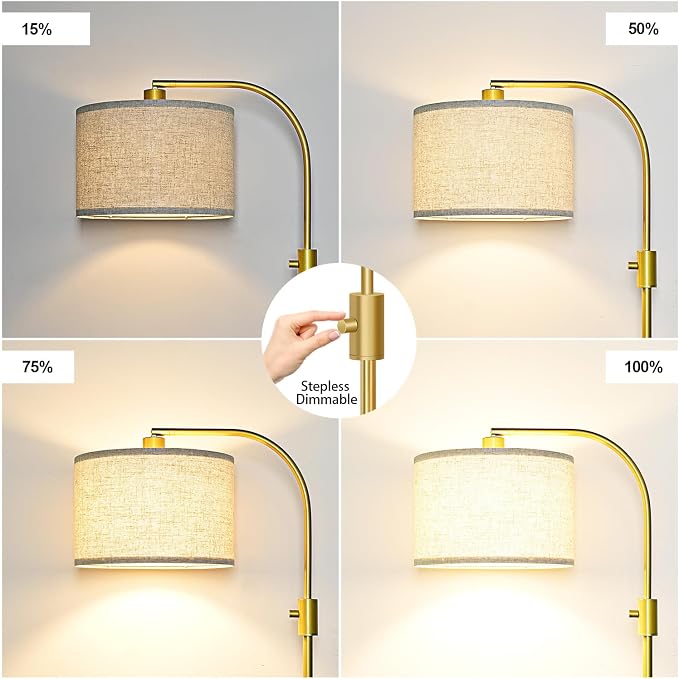 Nintiue Upgraded Modern Arc Dimmable Tall Standing Floor Lamp with Marble Base & Linen Shade, 1200 Lumens LED Bulb Included, for Living & Reading Room, Bedroom, Office & Nursery, Gold