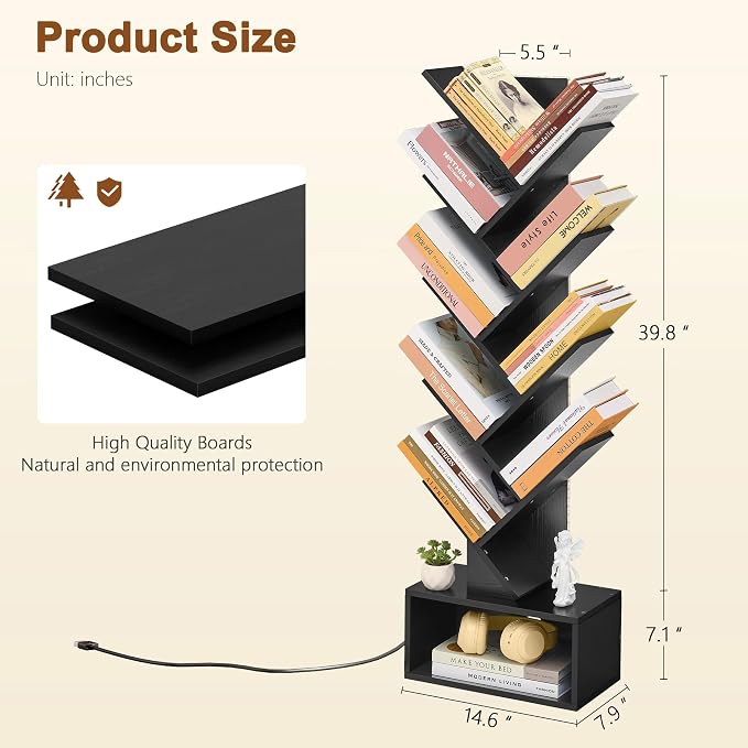 Hoctieon 9 Tier Tree Bookshelf, Tall Bookcase, Freestanding Book Shelf with LED Lights, Display Floor Standing Storage Shelf, Book Organizer Shelves for Home Office, Living Room, Black