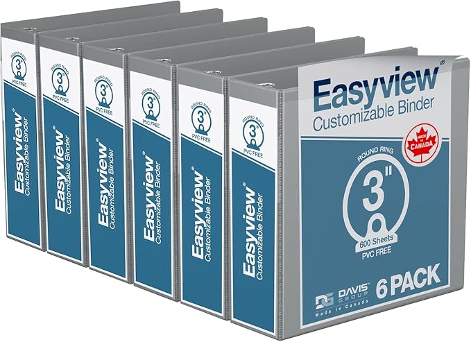 Easyview Premium 3-Ring Binders with Clear-View Covers and Round Rings, Binders for School or Office, 3 Inch, Pack of 6, Gray