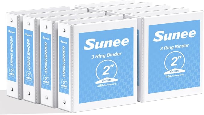 SUNEE 3 Ring Binders 2 Inch 8 Pack, Clear View Binders Three Ring PVC-Free (Fit 8.5x11 Inches) for School or Office Supplies, White