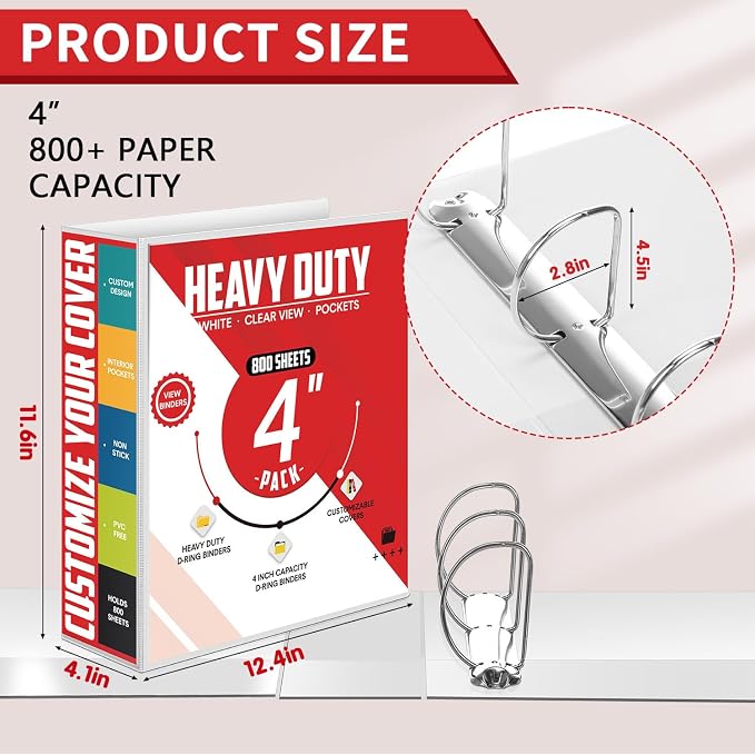 Sinload 6 Pcs 3 Ring Binder, 4 Inch Large Capacity D Ring Binders with Pockets, 8.5" x 11" Presentation Folder View Binder with Customizable Clear Cover for Documents Files Projects (White)