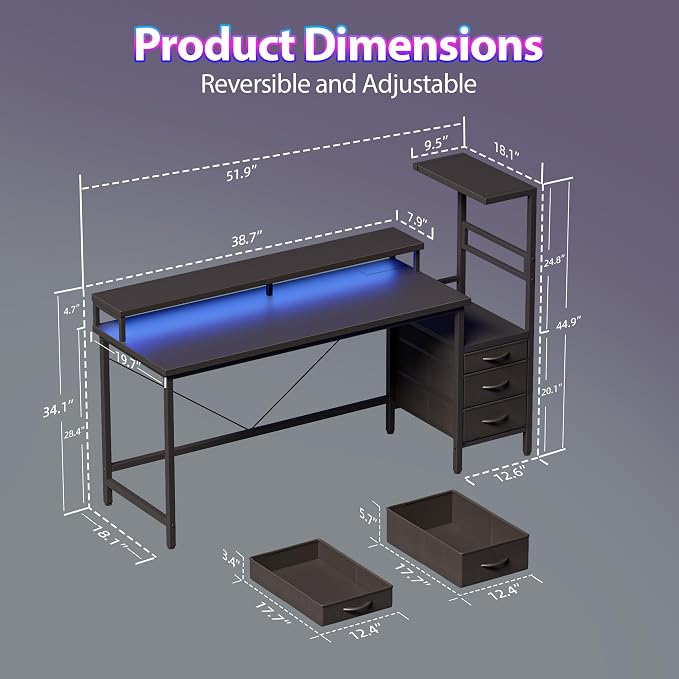 52 inch Gaming Desk with Drawers, Reversible Computer Desk, Black | Gamer Desk with LED Lights, Power Outlets & Monitor Stand, Large Office Table for Home Bedroom Study Work Writing