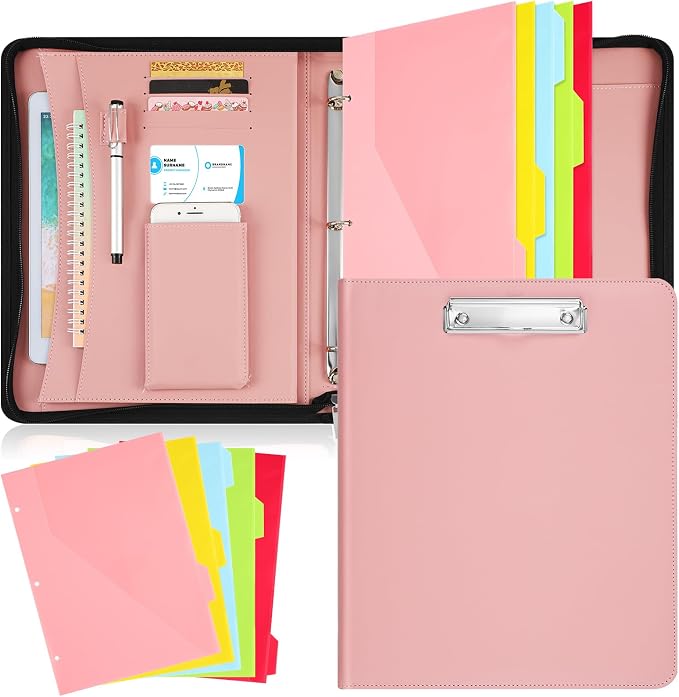 Gilprop 3 Ring Binder with Clipboard, 13.4"x11" Binder Padfolio,Pink | Faux Leather Binder Organizer with Zipper, 5 Folder Divider Pages for Documents Business Cards Teachers Nurses School Office