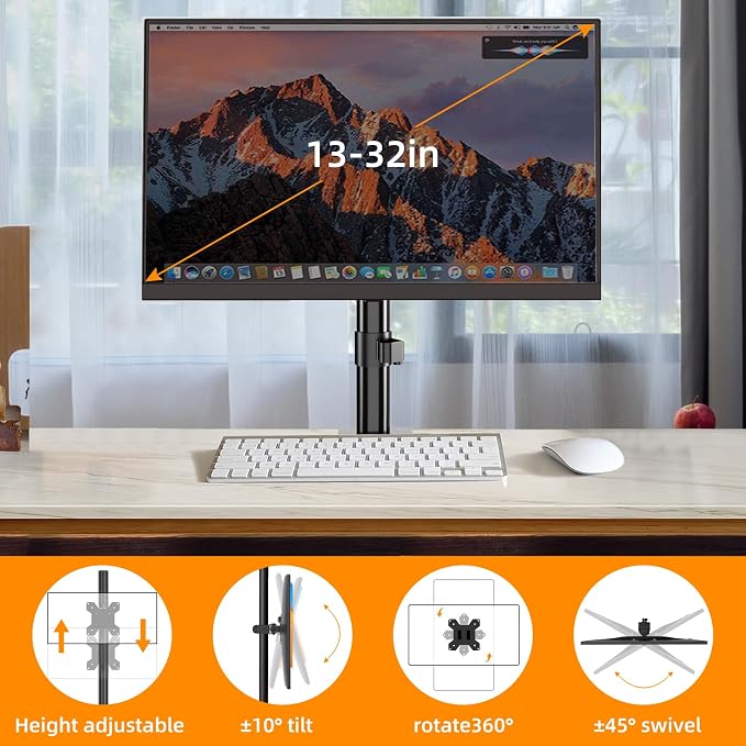 PHOLITEN Monitor Mount for Most 13-32" Computer Screens up to 20lbs,Adjustable Single Desk Monitor Stand with Tilt Swivel Rotation, VESA 75x75mm/100x100mm | Adjustable Single Desk Stand, Tilt Swivel Rotation, VESA 75x75/100x100mm