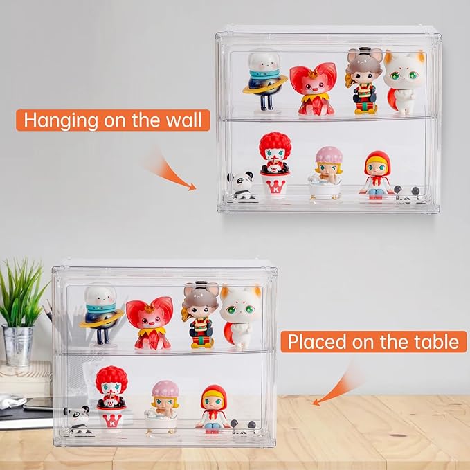 BOHOIDEE 2 Tiers Clear Display Case for Figures, Acrylic Storage Organizers Box with Magnetic Door, Wall-Mounted Dustproof Showcase for Collectibles Action Figure