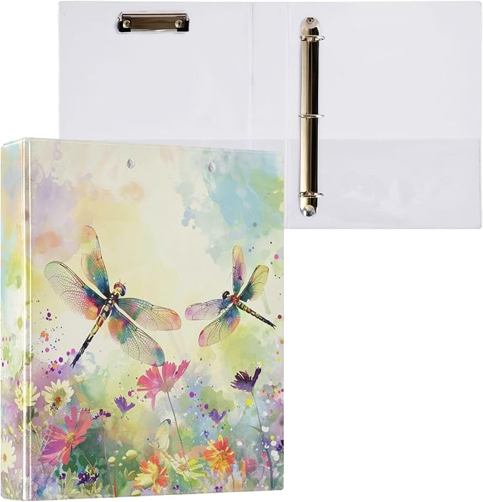Dragonfly Round Ring Binders 1.5 Inch Flowers 3 Ring Clipboard Binder for Office School Work Supplies Document 200 Sheet Capacity Easy Open 2 Pieces