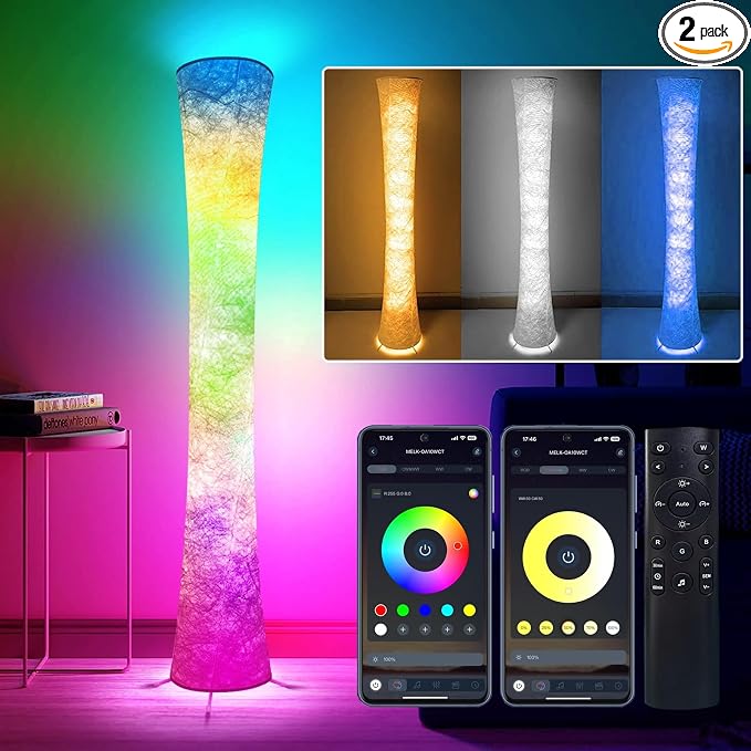 2 Pcs Floor Lamp, 61'' Smart RGB LED Corner Lamp with Music Sync and 16 Million DIY Colors, 3 Color Temperature, APP & Remote Control, Color Changing Standing Floor Lamp for Bedroom Living Room