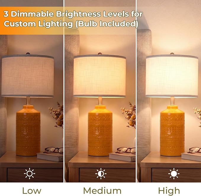 JUNNAI 25" Modern Orange Ceramic Table Lamp for Living Room Nightstand 3-Way Dimmable Farmhouse Lamp for Bedroom Bedside Entryway Tabletop Office with White Slub Fabric Lampshade (Bulb Included)